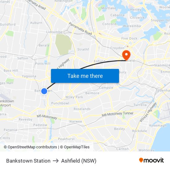 Bankstown Station to Ashfield (NSW) map