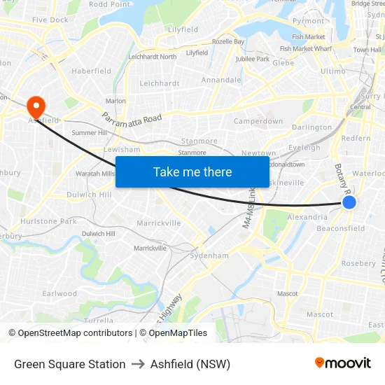 Green Square Station to Ashfield (NSW) map