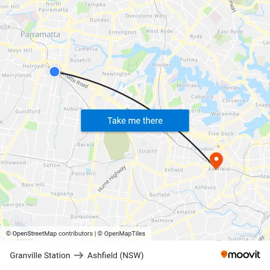 Granville Station to Ashfield (NSW) map