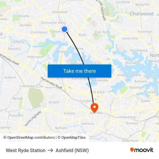 West Ryde Station to Ashfield (NSW) map
