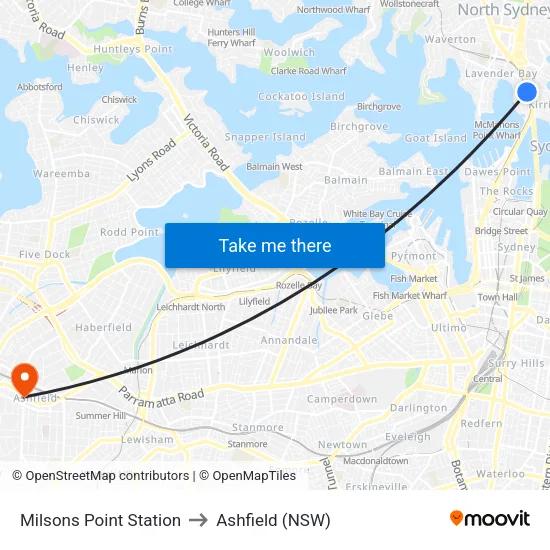 Milsons Point Station to Ashfield (NSW) map