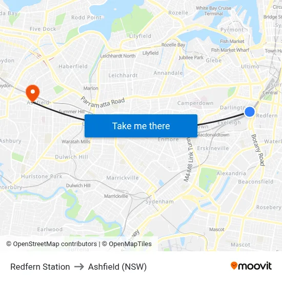 Redfern Station to Ashfield (NSW) map