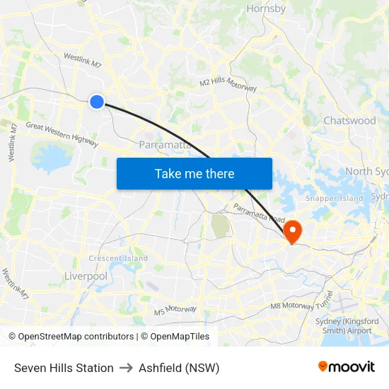 Seven Hills Station to Ashfield (NSW) map