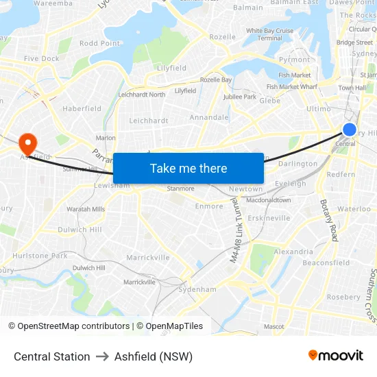 Central Station to Ashfield (NSW) map