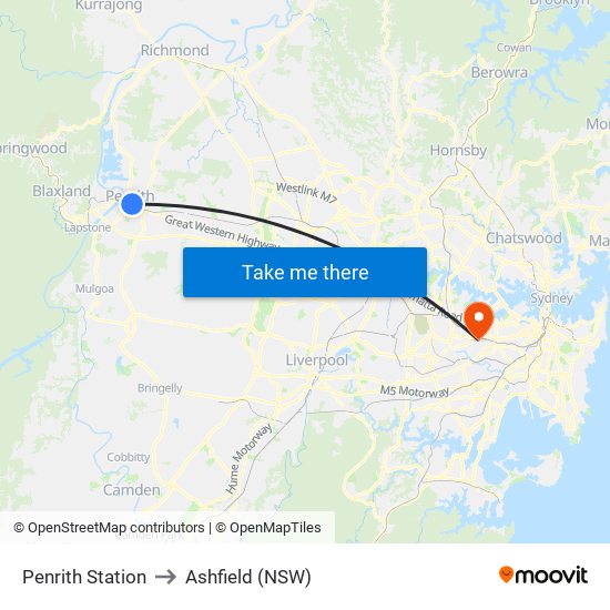 Penrith Station to Ashfield (NSW) map