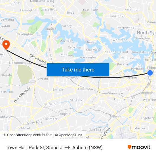 Town Hall, Park St, Stand J to Auburn (NSW) map