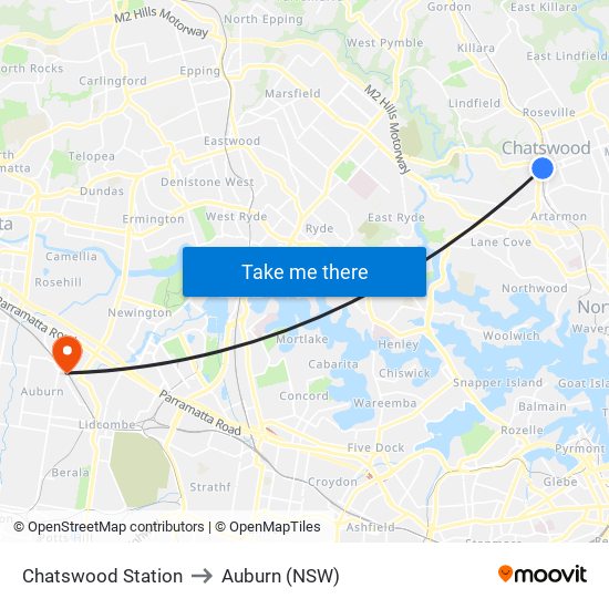 Chatswood Station to Auburn (NSW) map