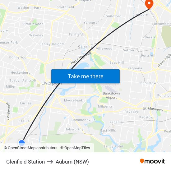 Glenfield Station to Auburn (NSW) map