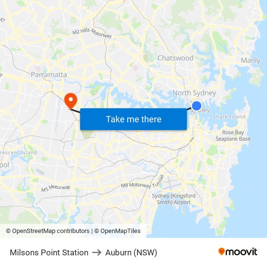 Milsons Point Station to Auburn (NSW) map