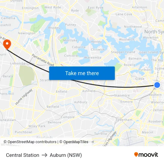 Central Station to Auburn (NSW) map