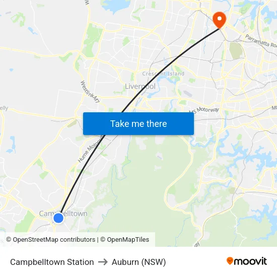 Campbelltown Station to Auburn (NSW) map