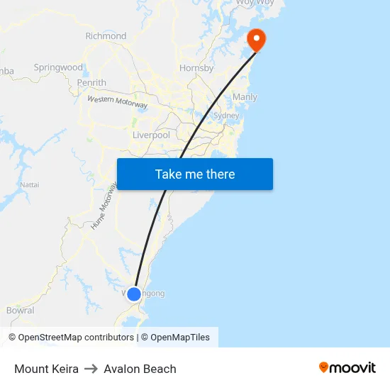 Mount Keira to Avalon Beach map