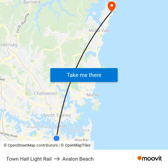 Town Hall Light Rail to Avalon Beach map