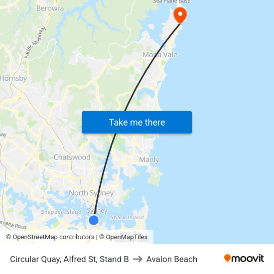 Circular Quay, Alfred St, Stand B to Avalon Beach map