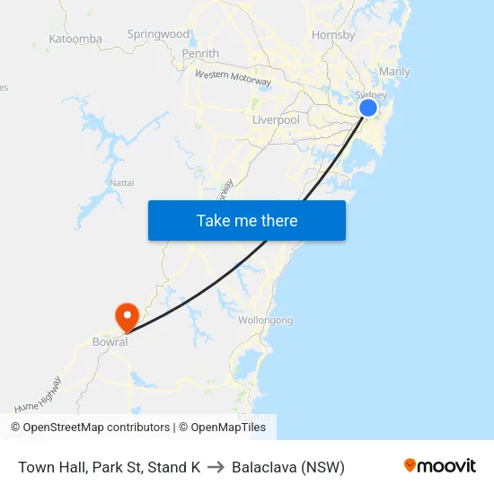 Town Hall, Park St, Stand K to Balaclava (NSW) map