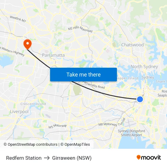 Redfern Station to Girraween (NSW) map