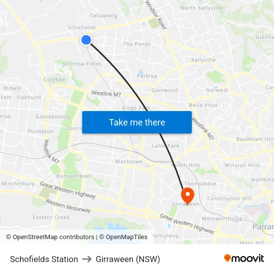 Schofields Station to Girraween (NSW) map