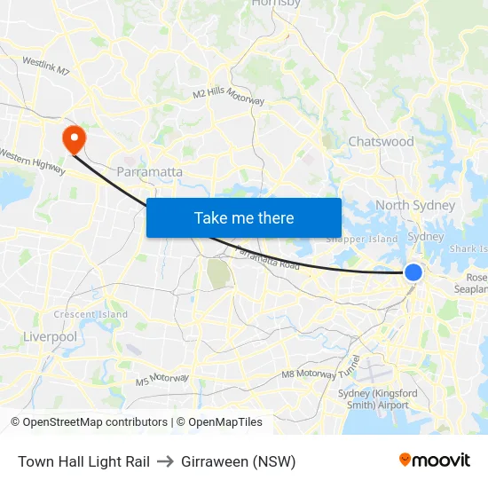Town Hall Light Rail to Girraween (NSW) map
