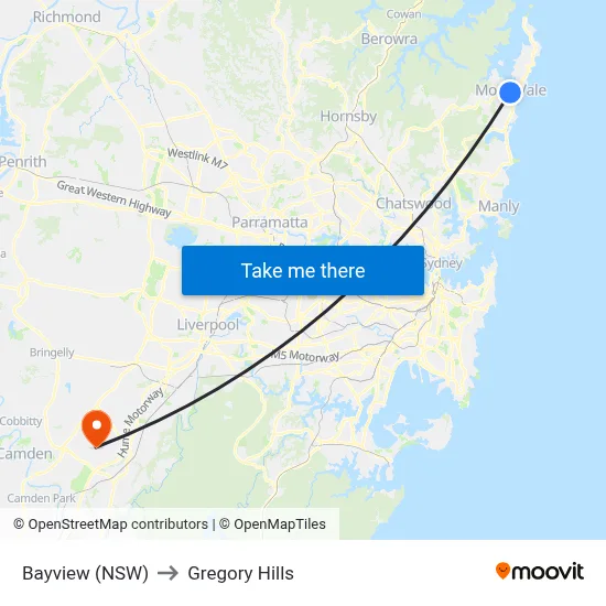 Bayview (NSW) to Gregory Hills map