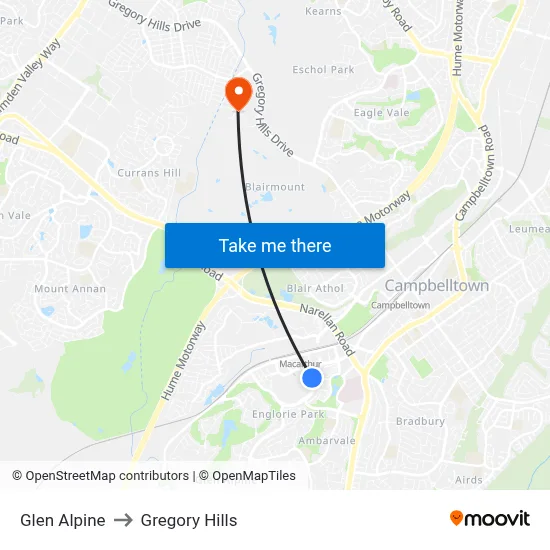 Glen Alpine to Gregory Hills map