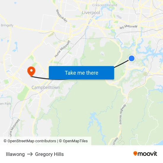 Illawong to Gregory Hills map