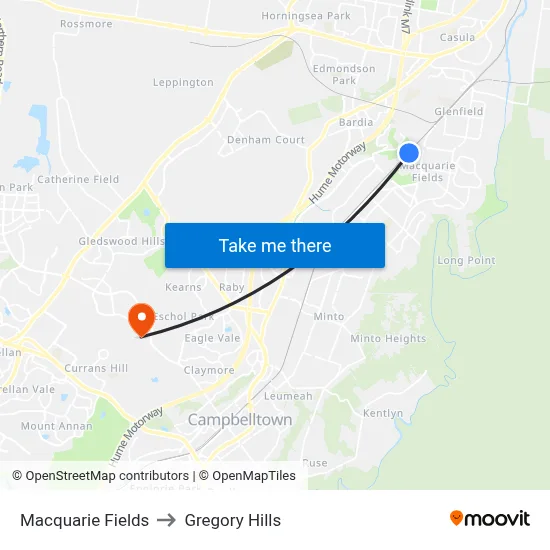 Macquarie Fields to Gregory Hills map