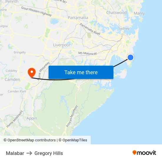 Malabar to Gregory Hills map
