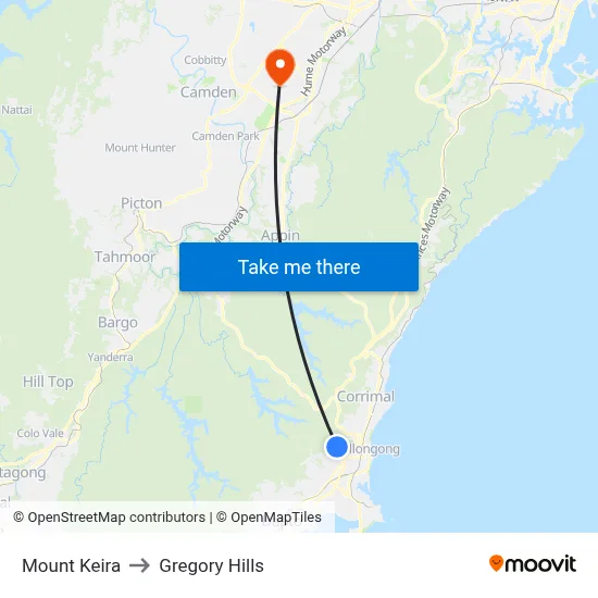 Mount Keira to Gregory Hills map