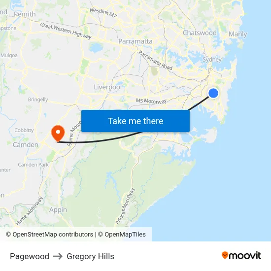 Pagewood to Gregory Hills map