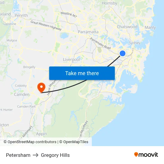 Petersham to Gregory Hills map