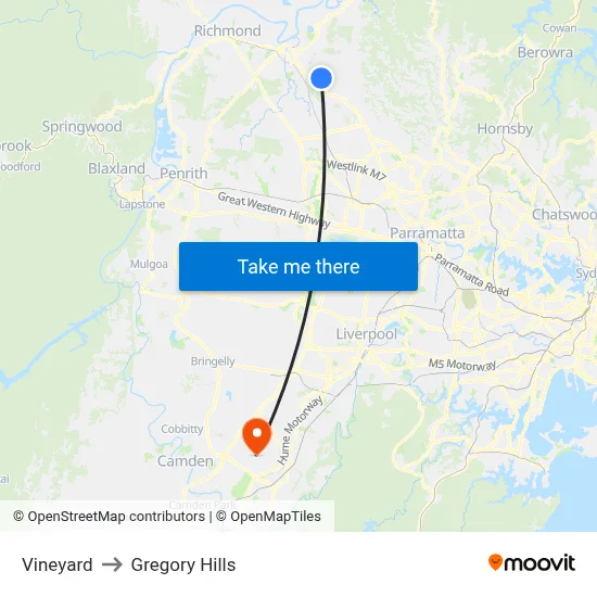 Vineyard to Gregory Hills map