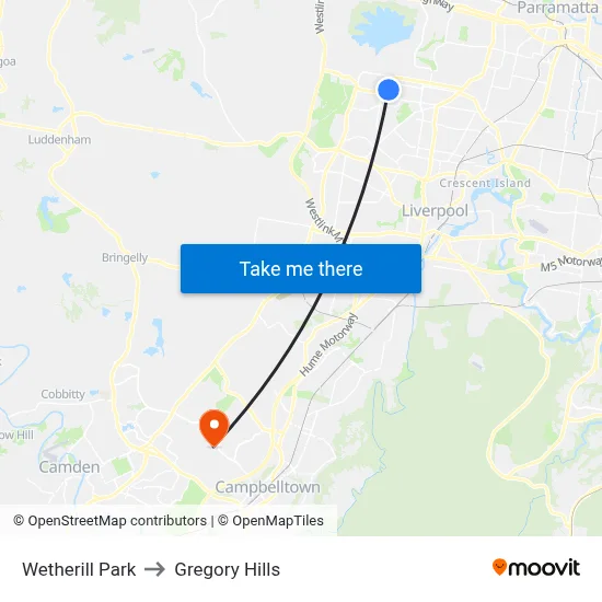 Wetherill Park to Gregory Hills map