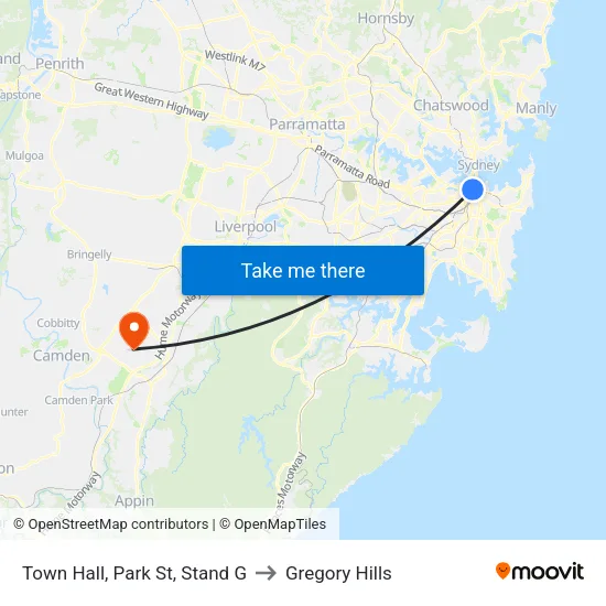 Town Hall, Park St, Stand G to Gregory Hills map