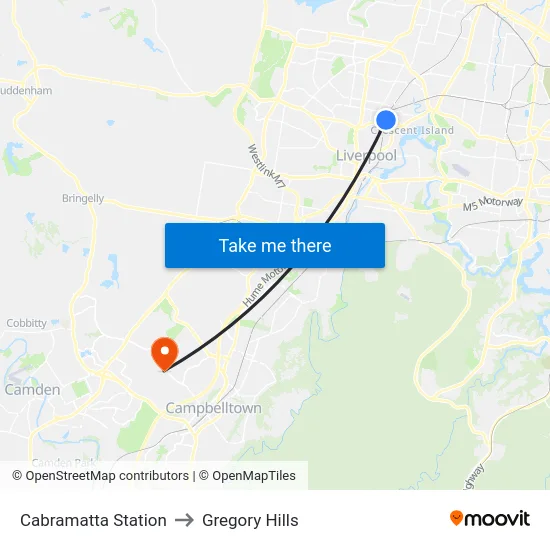 Cabramatta Station to Gregory Hills map