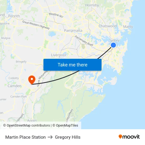 Martin Place Station to Gregory Hills map