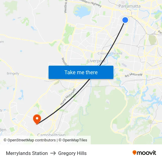 Merrylands Station to Gregory Hills map