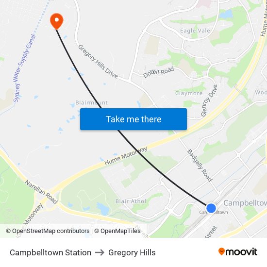 Campbelltown Station to Gregory Hills map