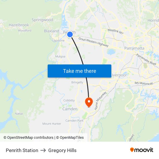 Penrith Station to Gregory Hills map