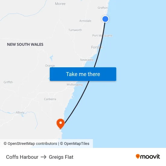 Coffs Harbour to Greigs Flat map