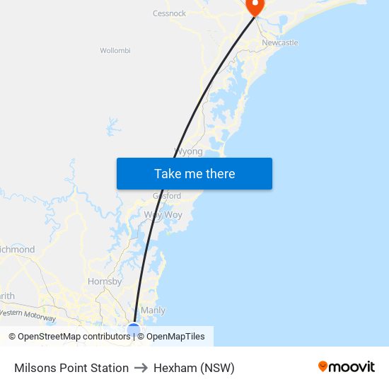 Milsons Point Station to Hexham (NSW) map