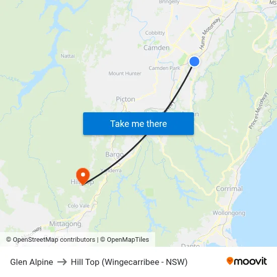 Glen Alpine to Hill Top (Wingecarribee - NSW) map