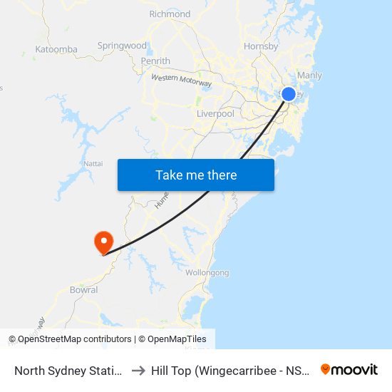 North Sydney Station to Hill Top (Wingecarribee - NSW) map