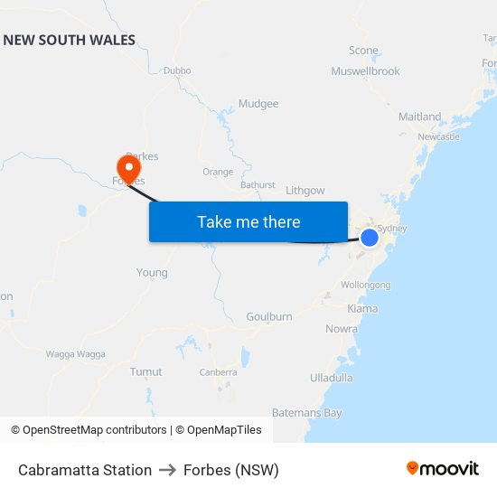 Cabramatta Station to Forbes (NSW) map