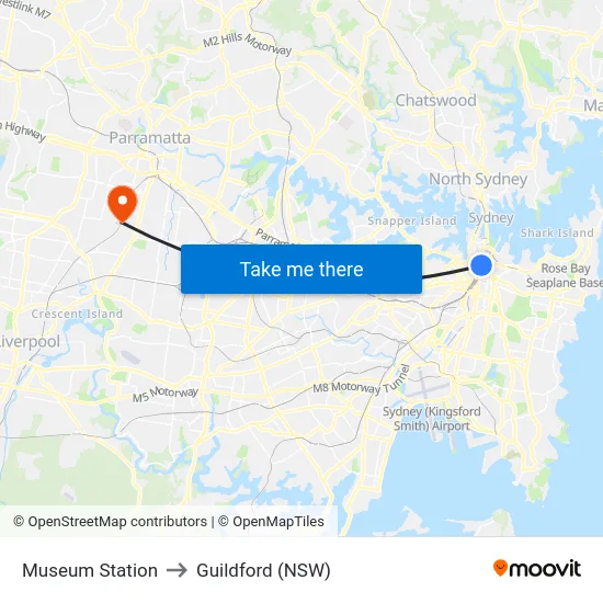 Museum Station to Guildford (NSW) map