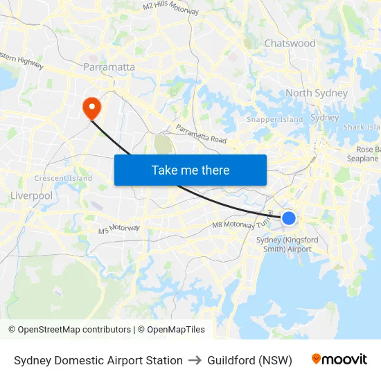Sydney Domestic Airport Station to Guildford (NSW) map