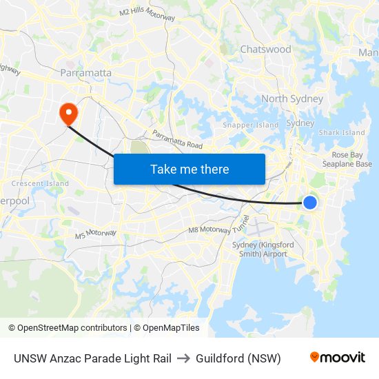 UNSW Anzac Parade Light Rail to Guildford (NSW) map