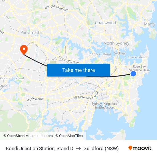 Bondi Junction Station, Stand D to Guildford (NSW) map