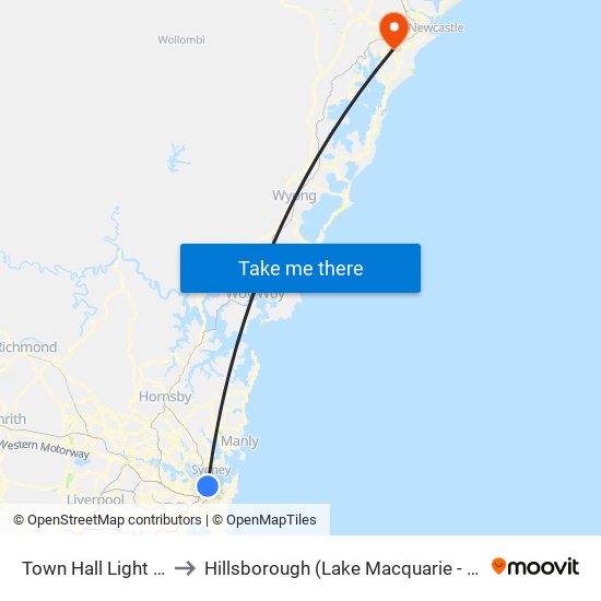 Town Hall Light Rail to Hillsborough (Lake Macquarie - NSW) map