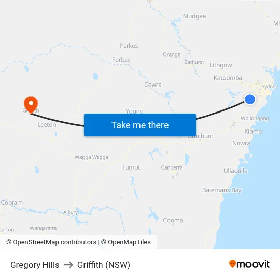 Gregory Hills to Griffith (NSW) map
