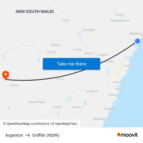Argenton to Griffith (NSW) map